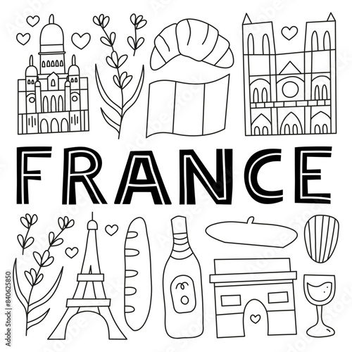 Poster with lettering and doodle outline France landmarks and attractions isolated on white background. Travel concept background.