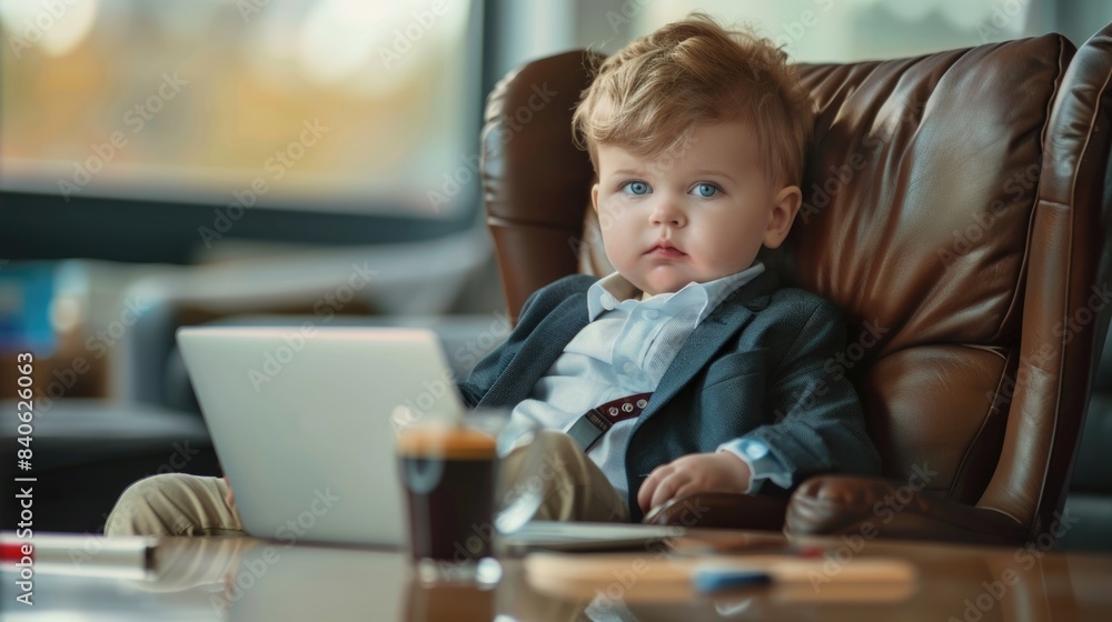 Adorable Toddler Business Executive in Office Setting with Laptop Adorable Toddler Business Executive in Office Setting with Laptop