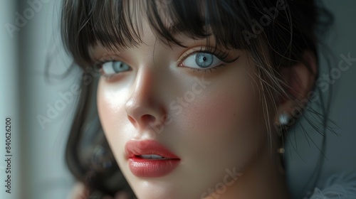 Exquisite Portrait of a Woman with Striking Blue Eyes and Elegant Features