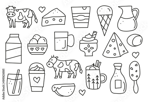 Set of cute doodle outline dairy products isolated on white background. Farm milk products and cow.