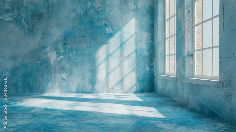 Light Blue Minimalist Room With Sunlight Streaming Through Windows Light Blue Minimalist Room With Sunlight Streaming Through Windows
