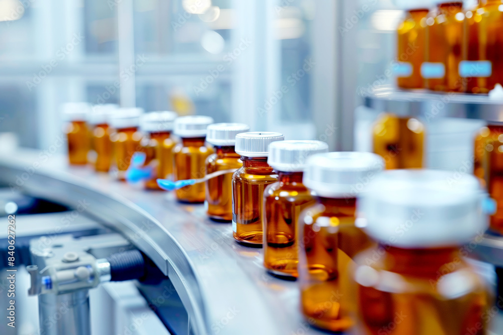 Bottles moving along a conveyor belt in a pharmaceutical factory. Bottles moving along a conveyor belt in a pharmaceutical factory.