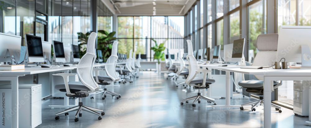 A large open office space with many white chairs and desks by AI generated image A large open office space with many white chairs and desks by AI generated image