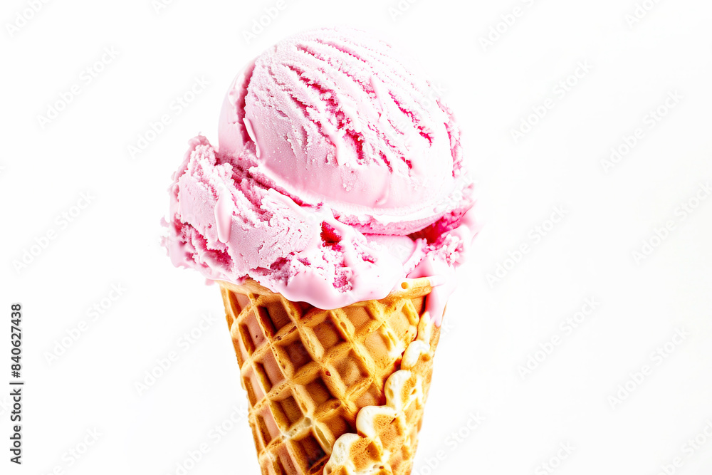 Close-up of pink ice cream in a waffle cone on a white background. Close-up of pink ice cream in a waffle cone on a white background.