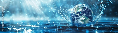 Earth globe in water with raindrops  blue background