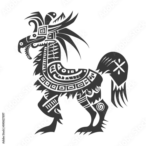 Aztec Mythical Creature, Intricate Black and White Vector Illustration