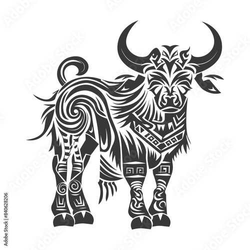 Stylized Bull Tattoo: Tribal Pattern, Black and White Illustration