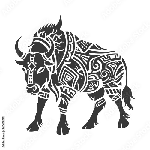 Ornate Tribal Bison, Stylized Black and White Tattoo Design