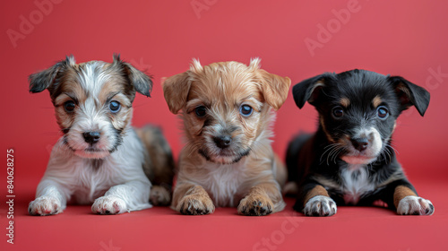 A charming photorealistic image of three adorable puppies of different breeds sitting against a bright red background, looking directly at the camera with their cute and curious expressions. 