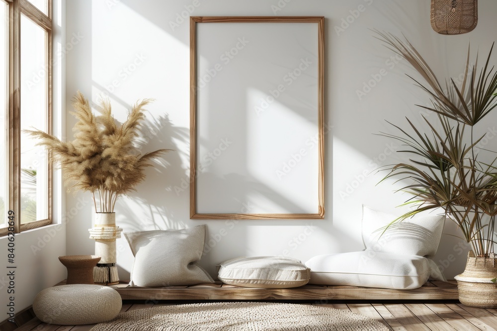 Poster frame mockup in minimalist brown interior created with generative ai Poster frame mockup in minimalist brown interior created with generative ai