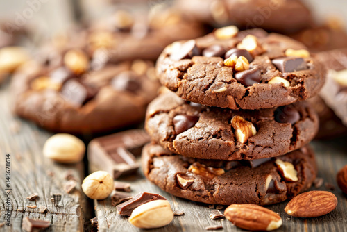 Stack of chocolate cookies with nuts and chocolate chips on a dark background.