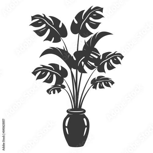 Monstera Deliciosa in Dark Vase, Simple Silhouette Illustration
