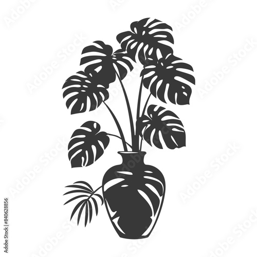 Monstera Deliciosa in Vase: Bold Silhouette Illustration, Tropical Houseplant Icon