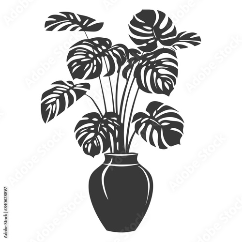 Monstera Deliciosa in Ornate Vase: Graphic Silhouette Illustration