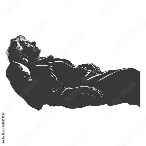 Silhouette of Contemplative Man Reclining, Looking Up, Grey Tones, Head Resting on Pillow, Relaxing Pose.