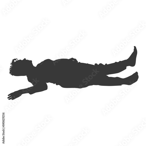 Silhouette of a person lying supine, arms and legs outstretched, eyes open.