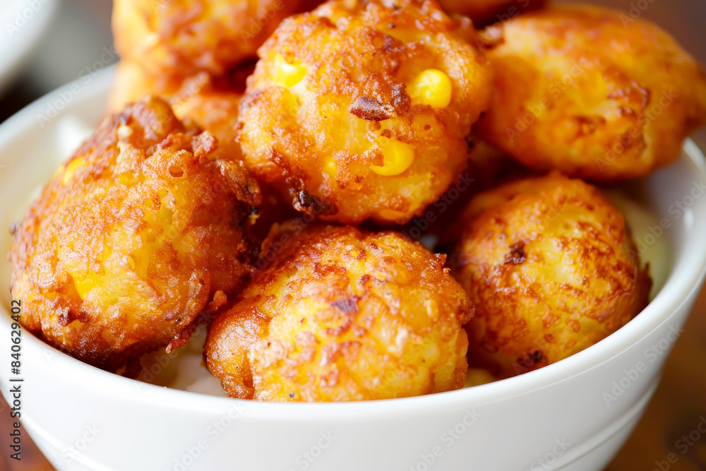 Bowl of fried cheese balls garnished with chives and grated cheese. Bowl of fried cheese balls garnished with chives and grated cheese.