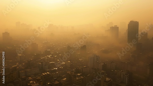 A crowded urban area shrouded in smog and haze, highlighting the consequences of air pollution and global warming on city environments