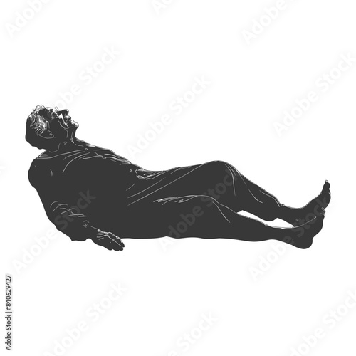 Dark Silhouette: Senior Man Lying Back, Relaxing Posture, Bare Feet, Textured Illustration.
