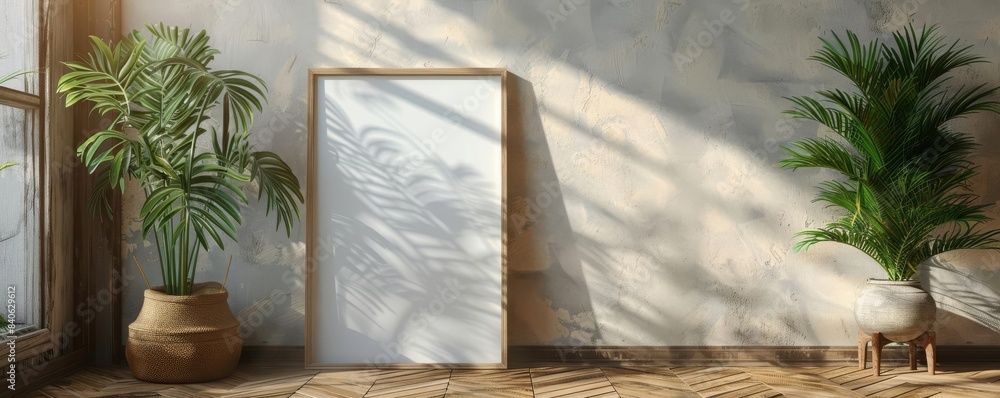 Window light and shadows, frame mockup leaning on wall, simple modern design, wooden floor. Window light and shadows, frame mockup leaning on wall, simple modern design, wooden floor.