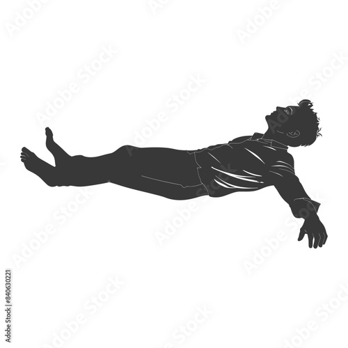 Silhouette of a Man Floating, Lost in Thought, Shirt Open, Arms Outstretched, Bare Feet.