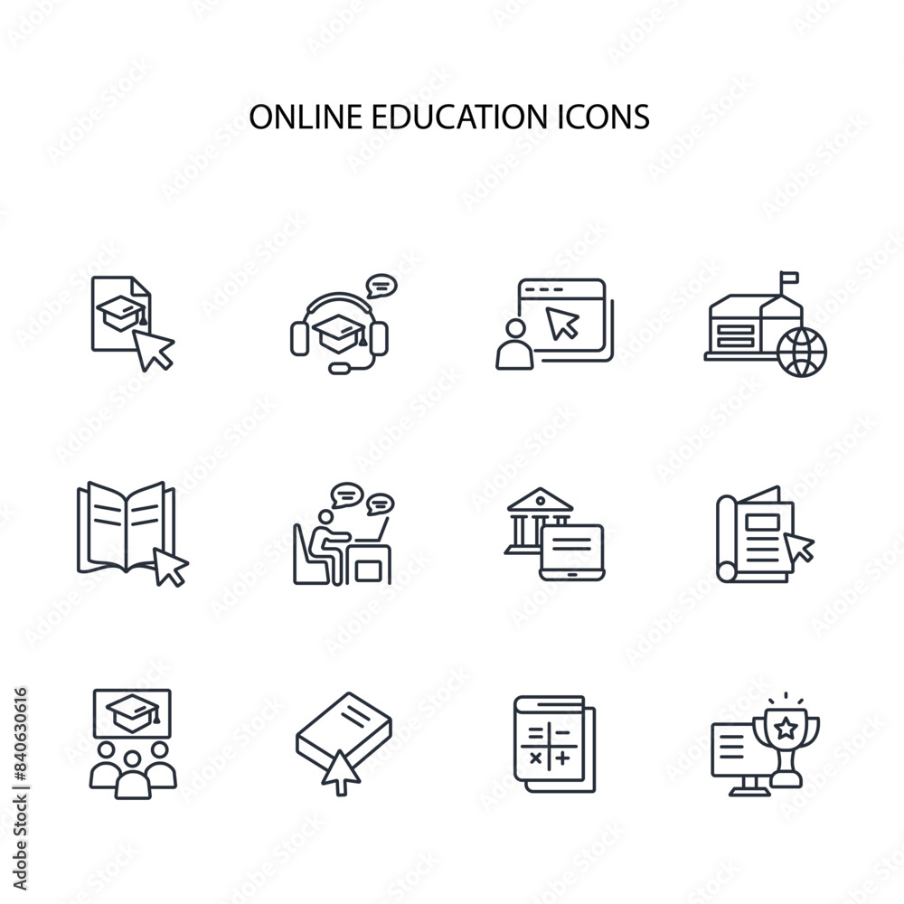 Online education icon set.vector.Editable stroke.linear style sign for use web design,logo.Symbol illustration. Online education icon set.vector.Editable stroke.linear style sign for use web design,logo.Symbol illustration.