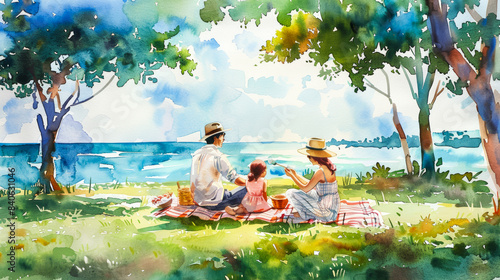 Family having picnic at green park, watercolor artwork showcasing summer leisure and bonding moments  © fotogurmespb
