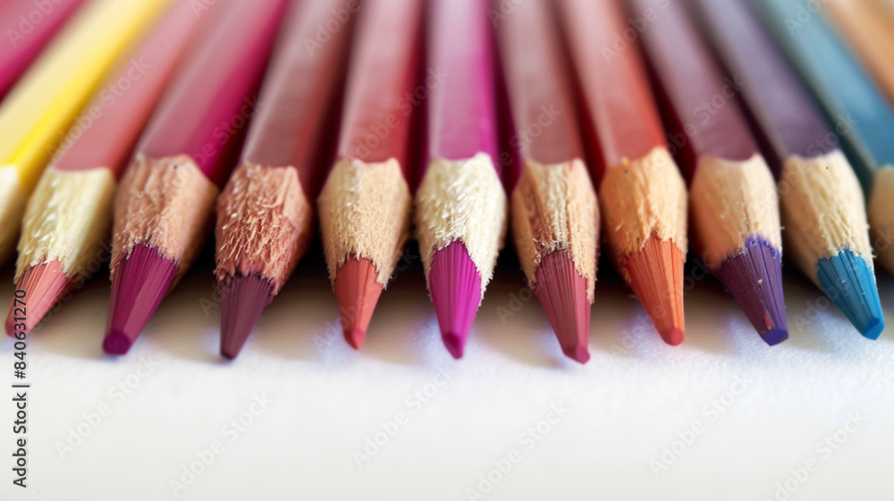 A row of pencils with different colors, including pink, purple, and blue A row of pencils with different colors, including pink, purple, and blue