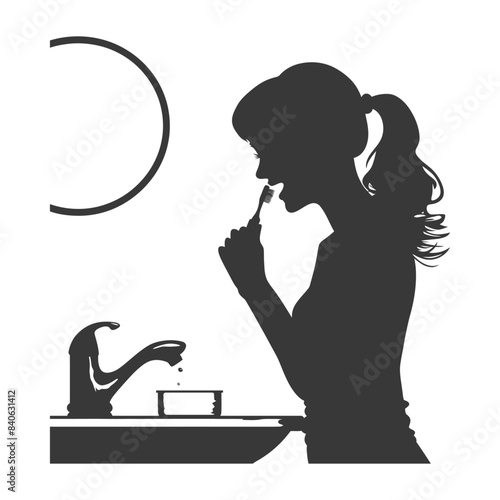 Morning Routine: Woman Silhouette Brushing Teeth at Sink with Mirror Reflection.