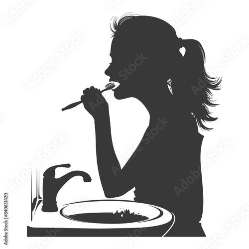 Silhouette: Girl Brushing Teeth at Sink - Daily Routine, Oral Hygiene.