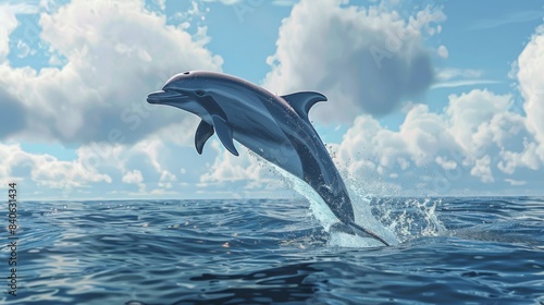 A dolphin breaching out of the water in a dramatic leap  its sleek body arcing gracefully against the backdrop of a blue sky