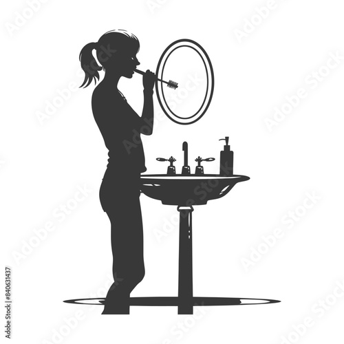 Silhouette of a Girl Brushing Teeth, Bathroom Vanity, Simple Black and White Illustration.