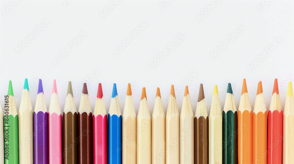 A row of pencils with different colors and sizes A row of pencils with different colors and sizes