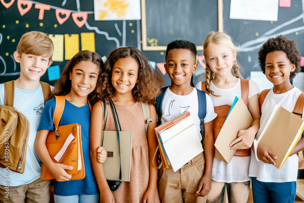© Jane_S - Diverse group of school children smiling and holding books in a classroom. © Jane_S - Diverse group of school children smiling and holding books in a classroom.
