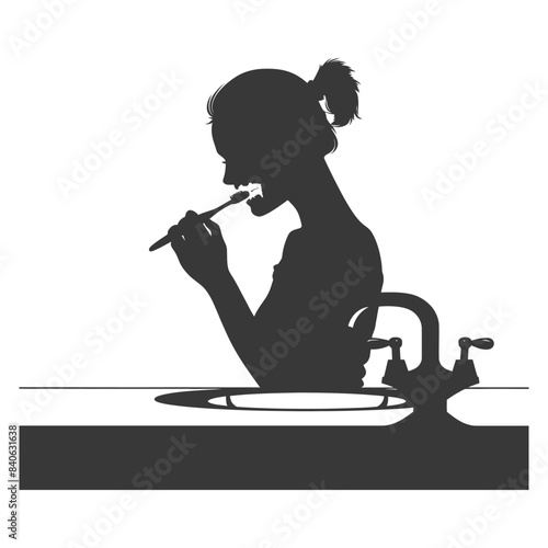 Silhouette: Woman Brushing Teeth at Sink - Daily Routine, Oral Hygiene.