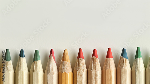A row of pencils with different colors and one of them is red photo