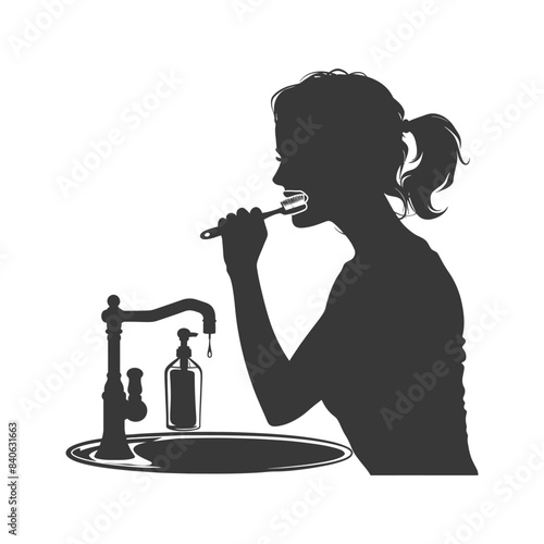 Silhouette: Woman Brushing Teeth at Sink with Dripping Faucet, Oral Hygiene.
