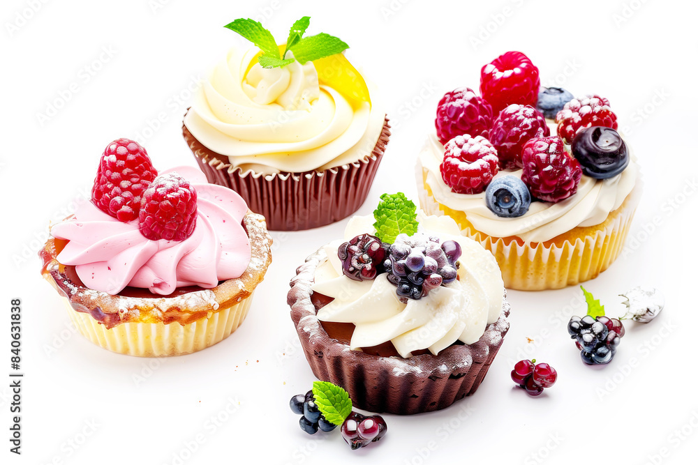 Assorted gourmet desserts including cakes and pastries with fresh fruits and cream. Assorted gourmet desserts including cakes and pastries with fresh fruits and cream.