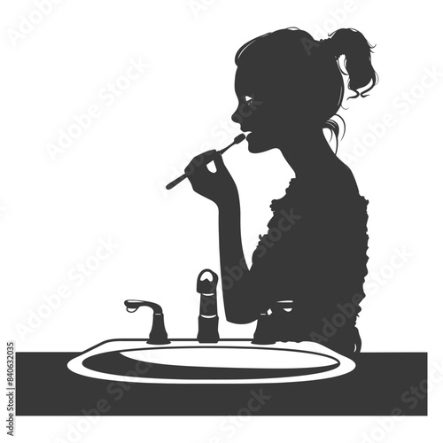 Silhouette: Woman Brushing Teeth at Sink with Dripping Faucet, Isolated.
