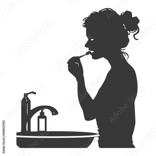 Silhouette: Woman Brushing Teeth at Sink, Minimalist Hygiene.