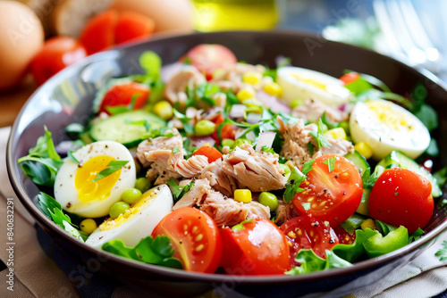 Fresh and colorful tuna salad with eggs, tomatoes, cucumbers, and greens.