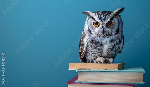 Wallpaper Mural Cute owl sitting on books against a blue background, a panoramic photo of an animal in a natural pose looking at the camera Torontodigital.ca