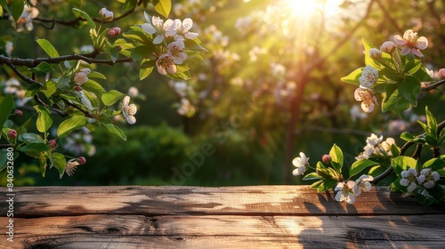 Blooming Apple Tree Branches With Wooden Table In Springtime