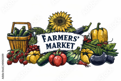 Vibrant illustration of a Farmers' Market sign surrounded by colorful vegetables like tomatoes, peppers, zucchini, and a sunflower.