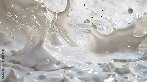 Milk cascading in a graceful splash, frozen in time with intricate detail, accompanied by creamy yogurt pouring from above, each droplet captured in stunning clarity