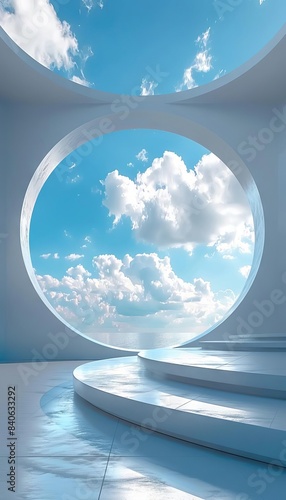 Abstract futuristic background, 3D render, blue sky, white round stage, empty scene, modern architecture. © DJSPIDA FOTO
