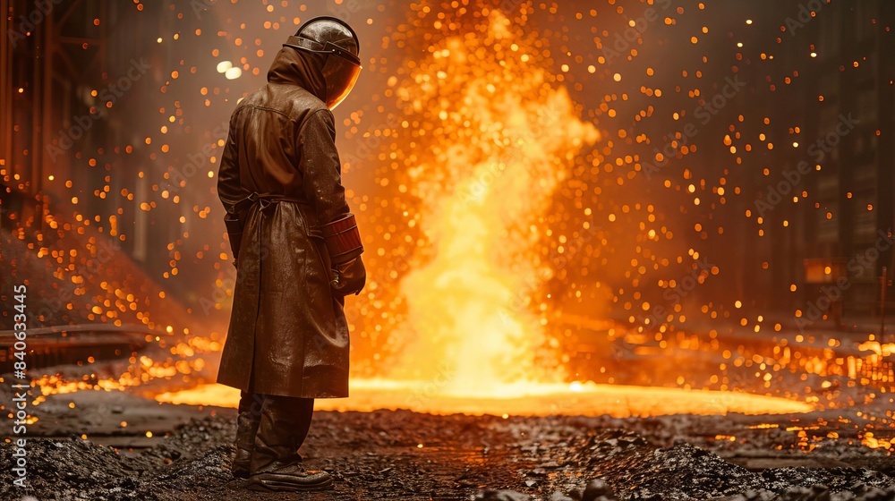 Steel manufacturing process, molten steel pouring from large furnaces Steel manufacturing process, molten steel pouring from large furnaces