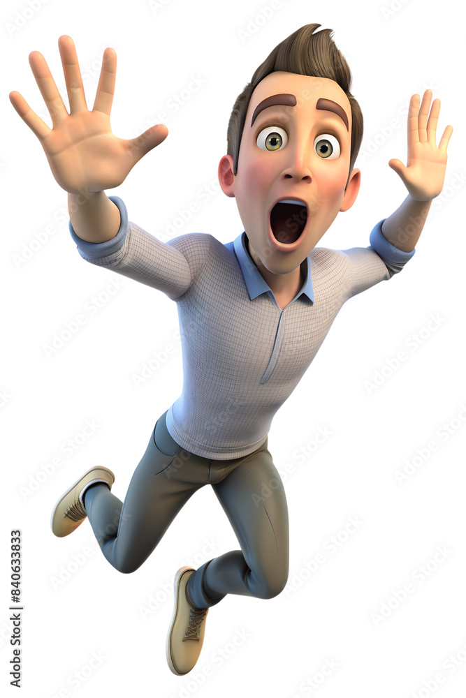 Illustrate a person jumping back slightly, eyes wide, and mouth open, showing a startled reaction Illustrate a person jumping back slightly, eyes wide, and mouth open, showing a startled reaction