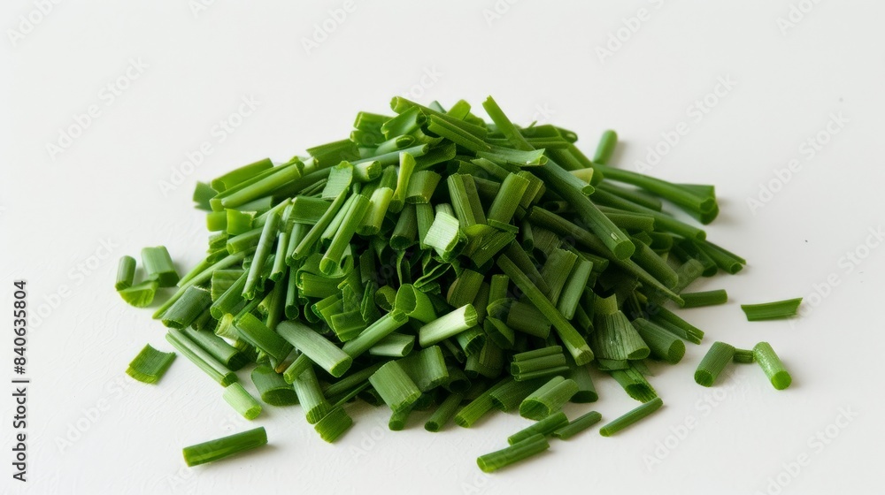 Asatsuki (Japanese chives), neatly chopped and presented on white Asatsuki (Japanese chives), neatly chopped and presented on white
