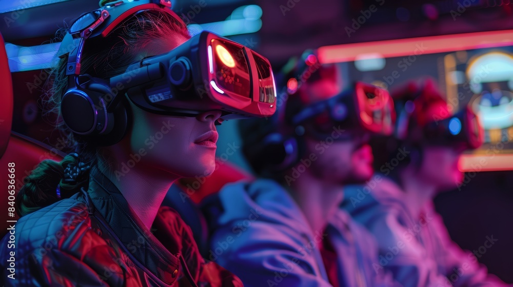 Tech-savvy couple using virtual reality goggles and controllers, experiencing immersive digital environments. Tech-savvy couple using virtual reality goggles and controllers, experiencing immersive digital environments.